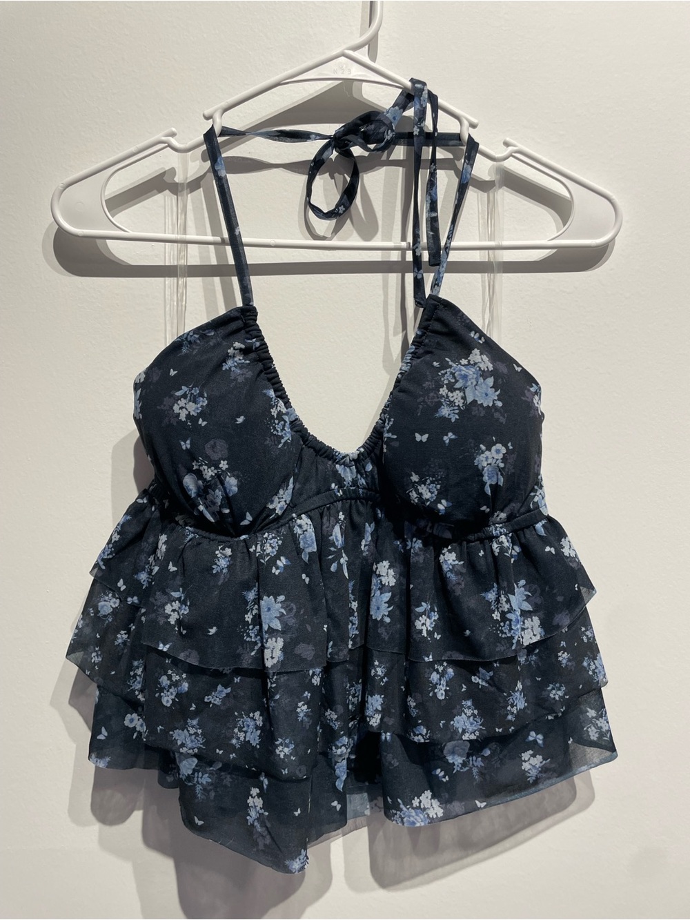 Wild Fable Women's Ruffle Halter Tank Top Navy Blue Floral Small NWT